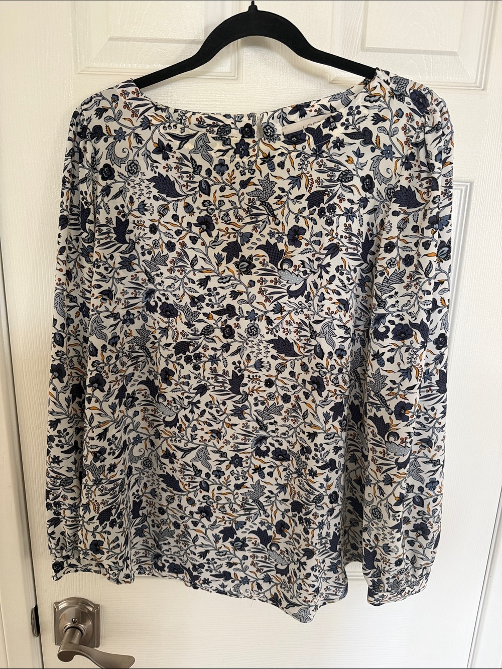 LOFT Navy and Cream Floral Long-Sleeve Blouse